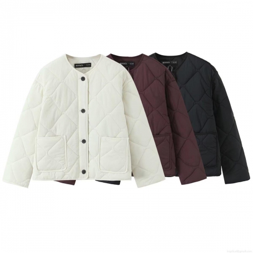 Women's Fashion Quilted Jacket Polyester Lightweight Warm Cotton Padded Coat Round Neck Single Breasted Outwear With Pockets Casual Solid Lady Winter Jacket