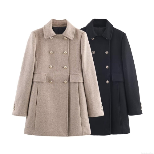 Women Elegant Mid-Length Wool Blend Coat Double Breasted Notched Lapel Outerwear Khaki Black Fashion Warm Jacket with Metal Buttons for Commuting
