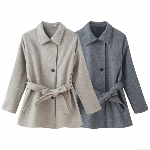 Women's Fashion Woolen Texture Coat Double Layer Collar Belted Jacket Mid-Length Long Sleeve Solid Color Outerwear For Fall Winter Elegant Lady