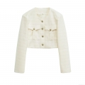 Women's Vintage Tweed Jacket Elegant Cropped Blazer With Gold Buttons White Long Sleeve Short Coat For Party Office Work Lady