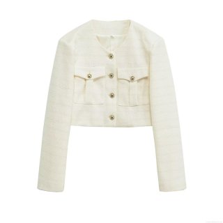 Women's Vintage Tweed Jacket Elegant Cropped Blazer With Gold Buttons White Long Sleeve Short Coat For Party Office Work Lady