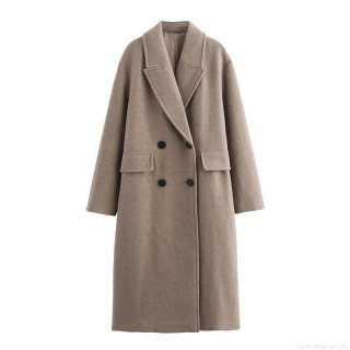 Women's Fashion Casual Double Breasted Long Woolen Coat Elegant Suit Collar Solid Color Loose Fit Overcoat For Autumn Winter Outdoor Daily