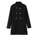 Women's Elegant Double Breasted Woolen Blend Coat With Gold Metal Buttons Stand Collar Mid Length Slim Fit Jacket For Fall Winter Black Outerwear