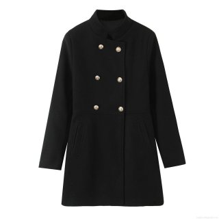 Women's Elegant Double Breasted Woolen Blend Coat With Gold Metal Buttons Stand Collar Mid Length Slim Fit Jacket For Fall Winter Black Outerwear