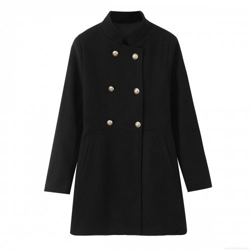 Women's Elegant Double Breasted Woolen Blend Coat With Gold Metal Buttons Stand Collar Mid Length Slim Fit Jacket For Fall Winter Black Outerwear