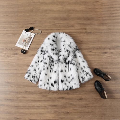 Elegant Women Faux Fur Coat Black White Spotted Print Thick Plush Jacket Turn Down Collar Lady Style Winter Warm Short Overcoat Outwear