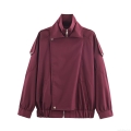 Women's Loose Stand Collar Jacket Solid Color Wine Red Zipper Outerwear Coat With Pockets Casual Workwear Style Windproof Long Sleeve Autumn Fashion For Lady