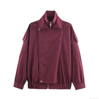 Women's Loose Stand Collar Jacket Solid Color Wine Red Zipper Outerwear Coat With Pockets Casual Workwear Style Windproof Long Sleeve Autumn Fashion For Lady