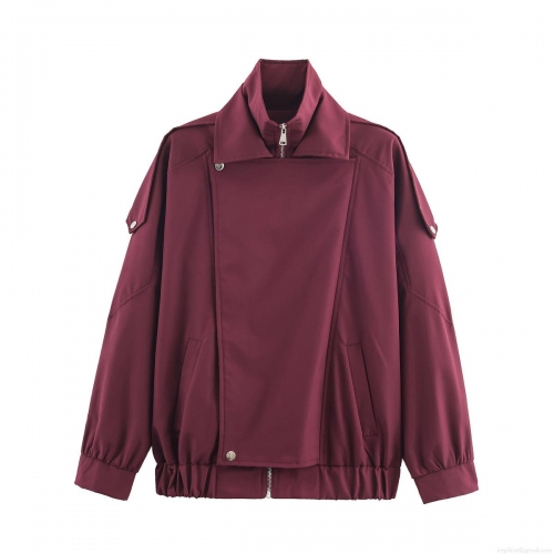 Women's Loose Stand Collar Jacket Solid Color Wine Red Zipper Outerwear Coat With Pockets Casual Workwear Style Windproof Long Sleeve Autumn Fashion For Lady