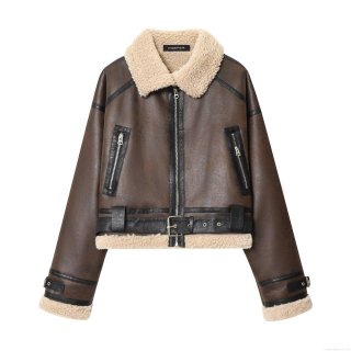 Women Vintage Dark Brown Faux Leather Jacket With Faux Lamb Wool Collar Warm Winter Short Bomber Jacket Streetwear Moto Biker Outwear For Women