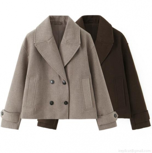 Women's Fashion Double Breasted Short Woolen Texture Coat Elegant Lapel Plain Jacket for Autumn Winter Commuting Office Ladies Outwear