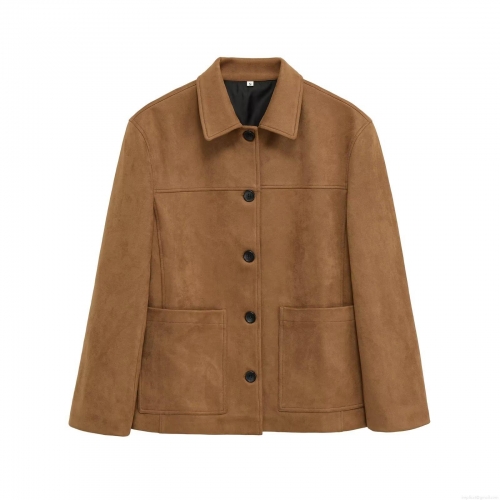 Women's Faux Suede Jacket Solid Color Lapel Single Breasted Coat With Pockets Casual Streetwear Loose Outerwear For Women