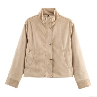 Women's Faux Suede Jacket Stand Collar Zip Up Loose Fit Coat With Metal Buttons Pockets Solid Color Casual Streetwear Outerwear For Spring Autumn