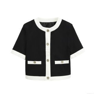 Elegant Women Short Sleeve Contrast Trim Jacket 100% Polyester Cropped Outerwear With Silver Metal Buttons Lady Style Commuting Round Neck Coat