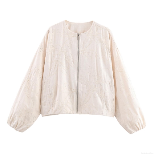Women's Embroidery Zipper Jacket Cotton Blend Floral Plant Pattern Round Neck Long Sleeve Casual Loose Outerwear Streetwear