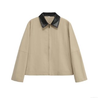 Women's Patchwork Jacket With PU Leather Lapel Collar Polyester Long Sleeve Loose Casual Zipper Outwear Streetwear Spring Autumn Clothes