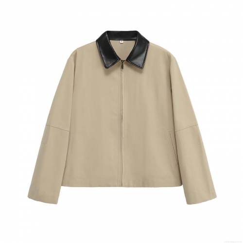 Women's Patchwork Jacket With PU Leather Lapel Collar Polyester Long Sleeve Loose Casual Zipper Outwear Streetwear Spring Autumn Clothes