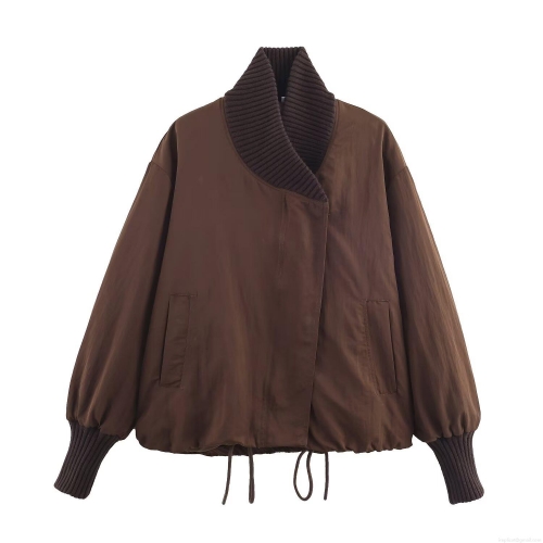 Women's Polyester Nylon Rib Trim Loose Fit Zip-Up Jacket Solid Dark Brown Long Sleeve Drawstring Hem Casual Streetwear Outerwear Coat