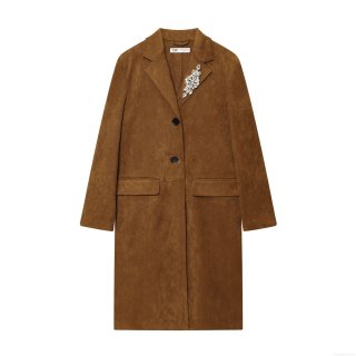 Women's Elegant Faux Suede Long Coat With Sparkling Rhinestone Brooch Notched Lapel Single Breasted Caramel Autumn Winter Fashion Trench Jacket For Women