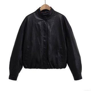 Women's Faux Leather Bomber Jacket Fashion High Neck PU Pilot Outwear Solid Color Loose Fit Short Jacket With Pocket For Women Streetwear