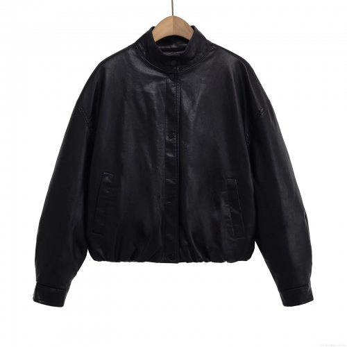 Women's Faux Leather Bomber Jacket Fashion High Neck PU Pilot Outwear Solid Color Loose Fit Short Jacket With Pocket For Women Streetwear