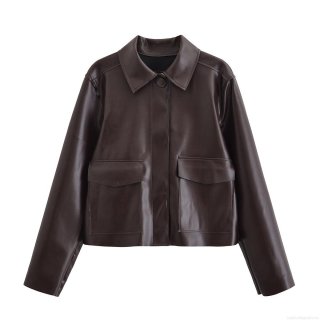 Women's Fashion Red Brown Faux Leather Short Jacket Long Sleeve Lapel PU Coat With Flap Pockets Solid Vintage Streetwear Outerwear For Women