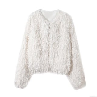 Women's Fashion White Fringe Faux Feather Jacket Elegant Long Sleeve Cardigan With Metal Hook For Party Daily Wear Outwear Top
