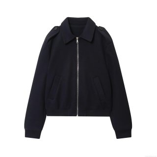 Women Fashion Casual Woolen Feel Jacket Minimalist Lapel Collar Zip Up Outerwear With Epaulettes Ribbed Hem Warm Solid Black Long Sleeve Coat Daily