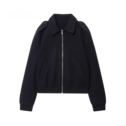 Women Fashion Casual Woolen Feel Jacket Minimalist Lapel Collar Zip Up Outerwear With Epaulettes Ribbed Hem Warm Solid Black Long Sleeve Coat Daily