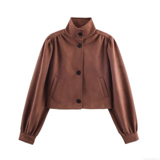 Women's Vintage Faux Suede Cropped Jacket Stand Collar Puff Sleeve Ruched Single Breasted Outwear With Pockets Solid Color Casual Streetwear Autumn Winter Coat