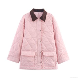 Women Diamond Quilted Jacket With Brown Corduroy Collar Polyester Pink Loose Fit Single Breasted Casual Outerwear Streetwear Style Padded Coat For Ladies