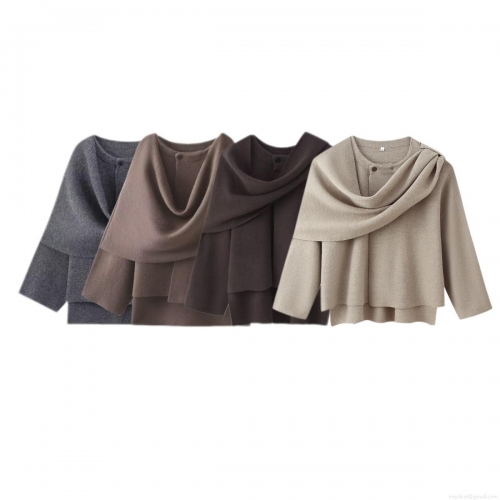 Women's Elegant Knitted Scarf Wrap Coat Polyester Blend Shawl Collar Long Sleeve Single Button Casual Short Cardigan Jacket For Autumn Winter