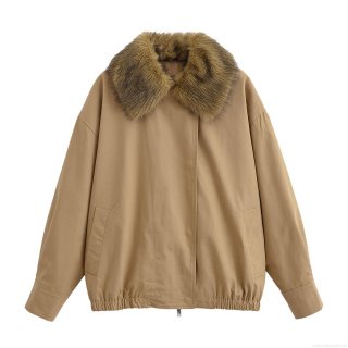 Women's Khaki Jacket With Detachable Faux Fur Collar Loose Fit Zipper Bomber Coat Solid Color Long Sleeve Outerwear Streetwear Casual Warm Jacket For Winter Autumn