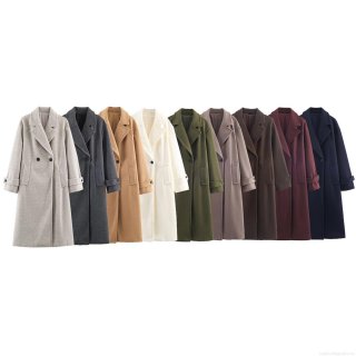 Women's Classic Long Woolen Overcoat Double Breasted Loose Fit Polyester Jacket Elegant Solid Color Lapel Outerwear For Winter Autumn