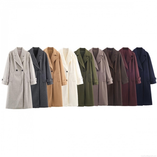 Women's Classic Long Woolen Overcoat Double Breasted Loose Fit Polyester Jacket Elegant Solid Color Lapel Outerwear For Winter Autumn