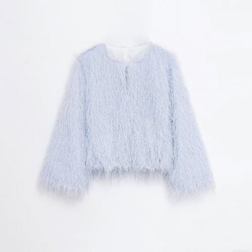 Women's Faux Fur Fringe Jacket Light Blue Round Neck Long Sleeve Plush Coat Street Style Outerwear Party Casual Warm Polyester Loose Fit Overcoat