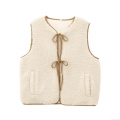 Women Retro Lamb Wool Vest Suede Fleece Contrast Binding Bow Tie Cardigan Daily Casual Sleeveless Jacket Sweet Vintage Women Outwear