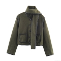 Women's Elegant Army Green Woolen Jacket With Matching Scarf Faux Leather Trim Short Coat Casual Chic Party Outerwear Polyester Solid Color Long Sleeve Jacket