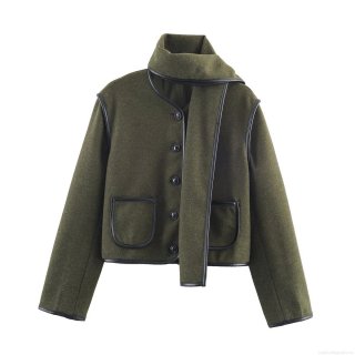 Women's Elegant Army Green Woolen Jacket With Matching Scarf Faux Leather Trim Short Coat Casual Chic Party Outerwear Polyester Solid Color Long Sleeve Jacket