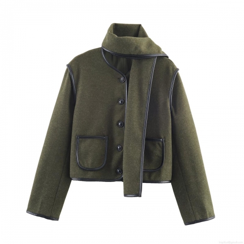 Women's Elegant Army Green Woolen Jacket With Matching Scarf Faux Leather Trim Short Coat Casual Chic Party Outerwear Polyester Solid Color Long Sleeve Jacket