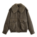 Women's Faux Leather Aviator Jacket With Detachable Faux Fur Collar Retro Streetwear PU Leather Bomber Biker Coat Outwear For Women