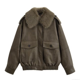 Women's Faux Leather Aviator Jacket With Detachable Faux Fur Collar Retro Streetwear PU Leather Bomber Biker Coat Outwear For Women