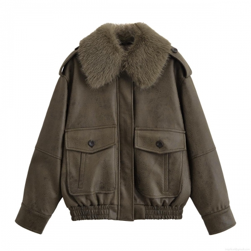 Women's Faux Leather Aviator Jacket With Detachable Faux Fur Collar Retro Streetwear PU Leather Bomber Biker Coat Outwear For Women