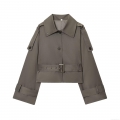 Women's Short Trench Coat Jacket Polyester Twill Lapel Long Sleeve Outerwear With Belt And Shoulder Straps Solid Color Casual Elegant Top For Autumn Winter
