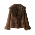 Women's Faux Fur Trim Suede Jacket Oversized Lapel Faux Shearling Coat Long Sleeve Winter Outwear Gothic Street Style Solid Brown Jacket With Pockets
