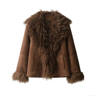 Women's Faux Fur Trim Suede Jacket Oversized Lapel Faux Shearling Coat Long Sleeve Winter Outwear Gothic Street Style Solid Brown Jacket With Pockets