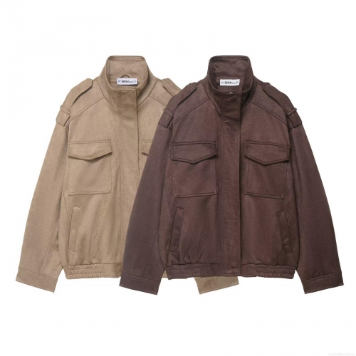 Women Fashion Faux Suede Jacket Stand Collar Long Sleeve Zip Up Cargo Outwear With Pockets Casual Vintage Epaulets Short Coat For Women