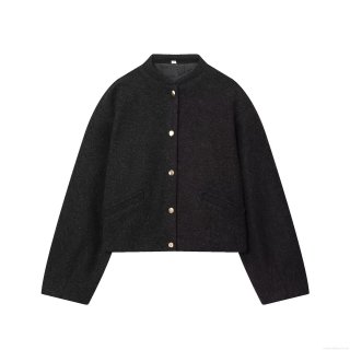 Women Elegant Tweed Texture Bomber Jacket Coat Loose Fit Solid Color Short Outwear With Gold Buttons Round Neck Long Sleeve Casual Streetwear Jacket For Women