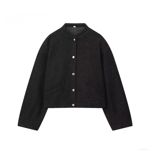 Women Elegant Tweed Texture Bomber Jacket Coat Loose Fit Solid Color Short Outwear With Gold Buttons Round Neck Long Sleeve Casual Streetwear Jacket For Women