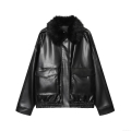 Women's Faux Leather Jacket With Removable Faux Fur Collar Fashion Short PU Moto Biker Coat Long Sleeve Zipper Outwear For Winter Autumn Women